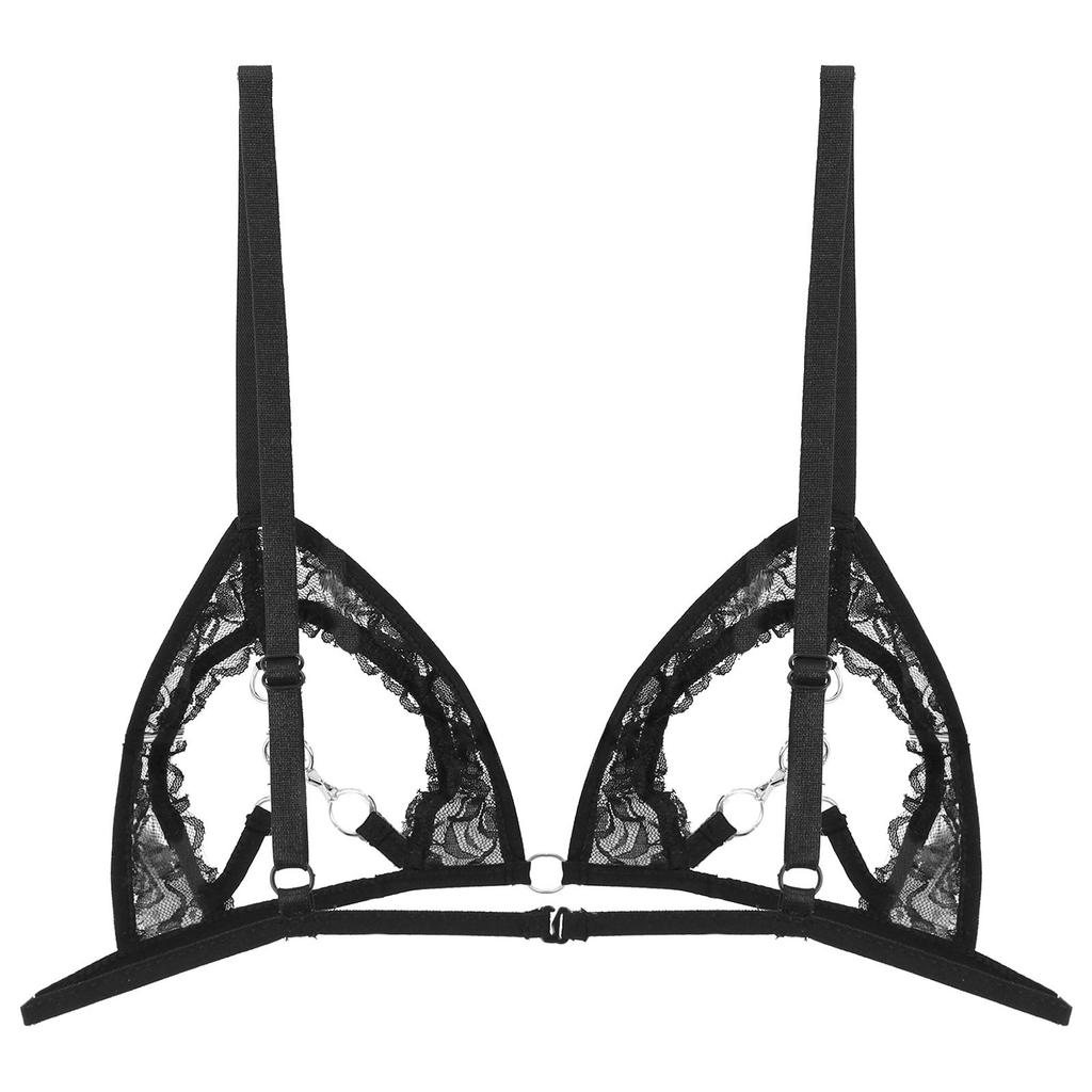 Top de Sutiã de Renda Transparente Feminino Alças Finas Ajustáveis Design de Copa Aberta Detalhe de Anel de Metal no Busto