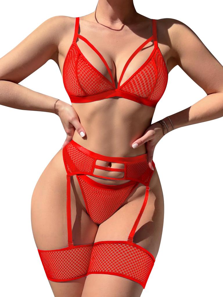 popiv Women's Sexy Lingerie Set with Garter Belt Matching Bra and Panty Lingeries Sets 4 Piece
