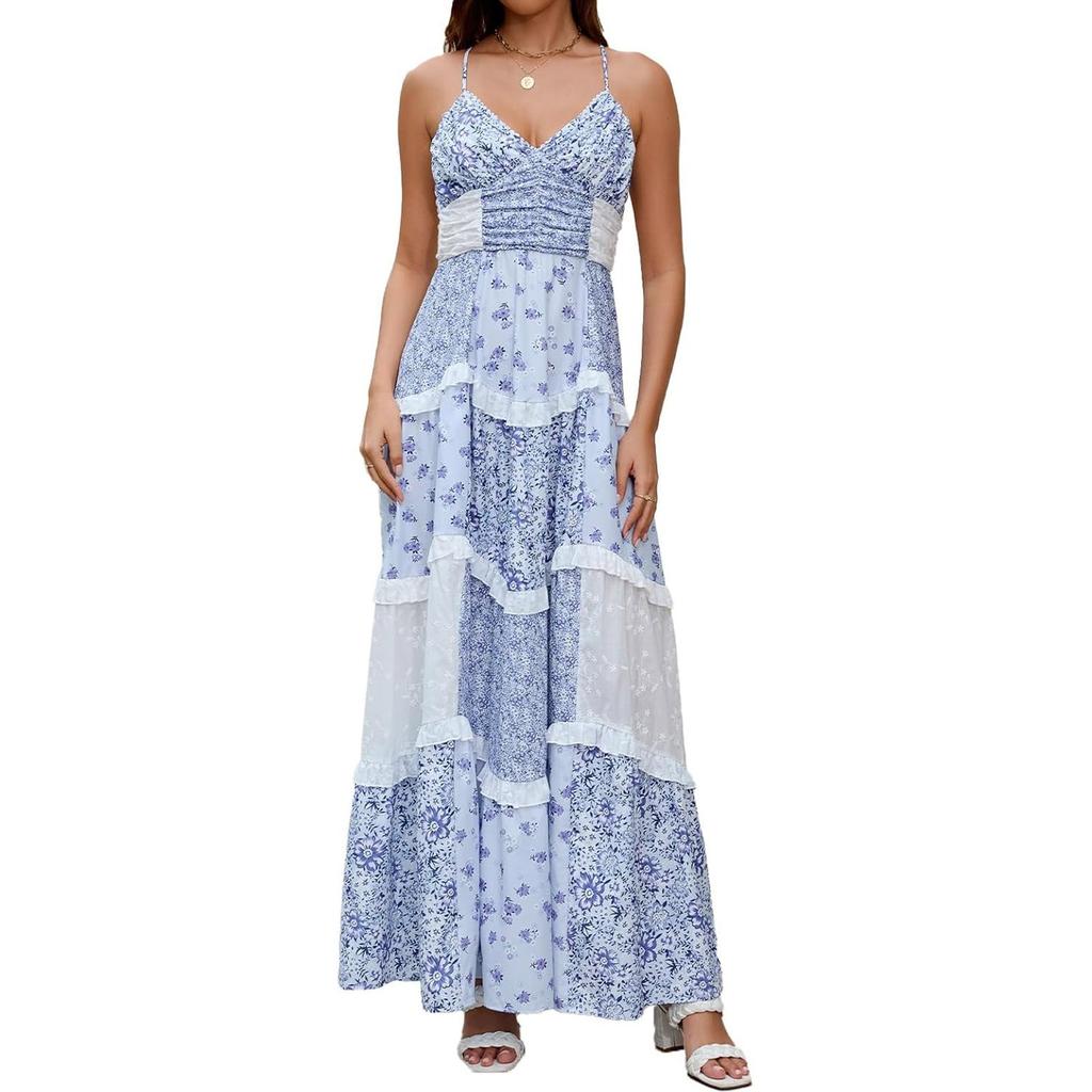 Women's Spring/Summer Casual V-Neck Floral Printed Beach Midi Dresses