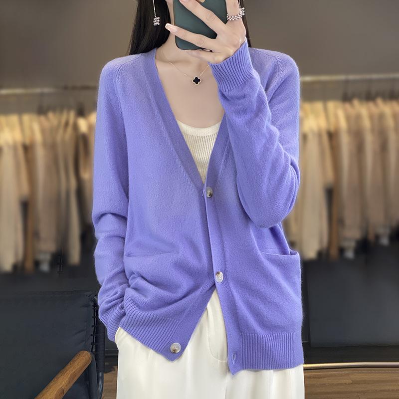 24 Autumn and Winter New Models with Pockets Cardigan Jacket Women's Loose Bottoming Knitted Sweater Single-breasted V-neck Sweater