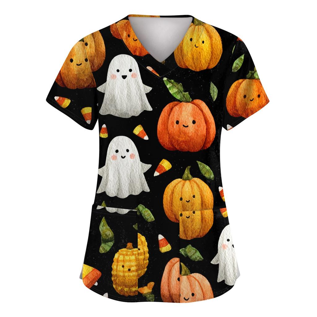 Women's Fashion Short Sleeve Halloween Printed V-Neck Pocket Workwear Tops