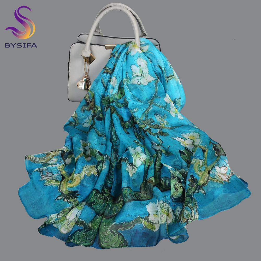 [Bysifa] Grey Blue Silk Scarf Cape Fashion Ladies 100% Silk Long Scarves Foulard Women Plaisley Design Chiffon Scarves Bufandas