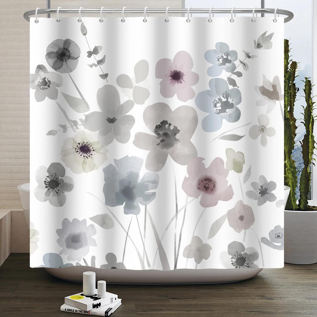 Watercolor Floral Shower Curtain for Bathroom Spring Elegant Flower Printed Bath Curtain Botanical Wildflower Bathroom Decor