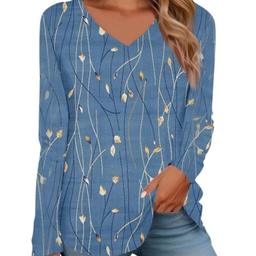 Women's Fashion V-neck Long Sleeved T-shirt Vintage 3d Printed Top