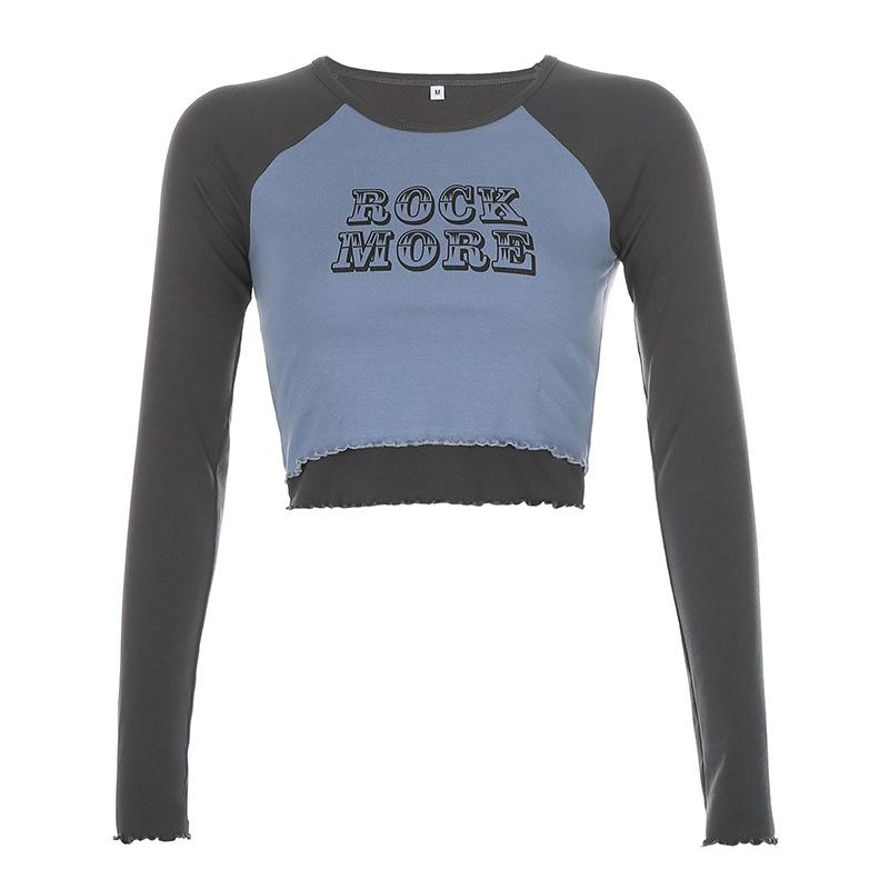 

Короткая футболка с длинными рукавами и короткими рукавами реглан, женские осенние топы из двух частей для похудения пупка L синий