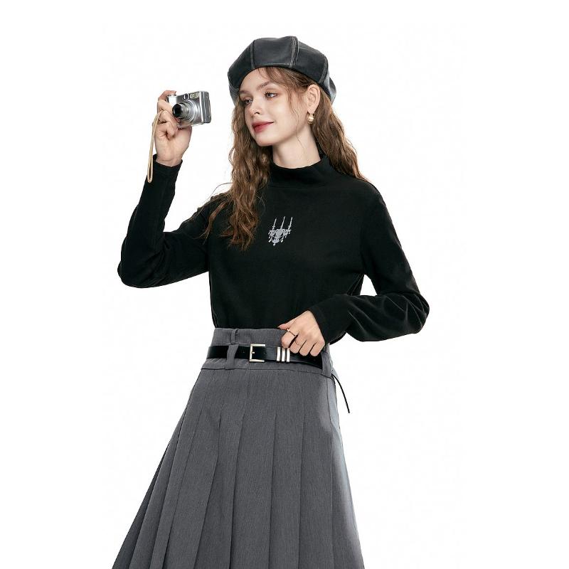 

German Velvet Printed Half-high Collar Long-sleeved Bottoming T-shirt for Women Autumn and Winter Slim Warm Top S чорний