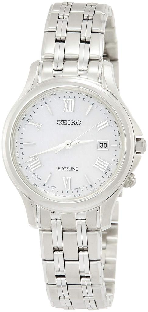 Seiko Watch SWCW161 Exceline Solar Radio-Controlled Titanium Watch with Platinum Diamond Shield, White Dial, Curved Sapphire Crystal, Women's Silver