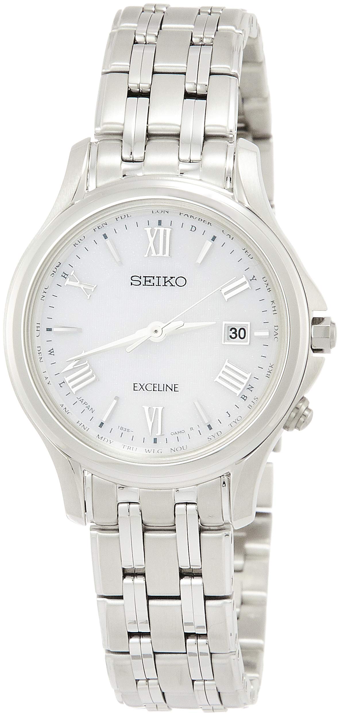 

Seiko Watch SWCW161 Exceline Solar Radio-Controlled Titanium Watch with Platinum Diamond Shield, White Dial, Curved Sapphire Crystal, Women s Silver