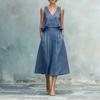 Women's V Neck Sleeveless Linen Two-Piece Set High Waist Pleated Skirt Suit Elegant