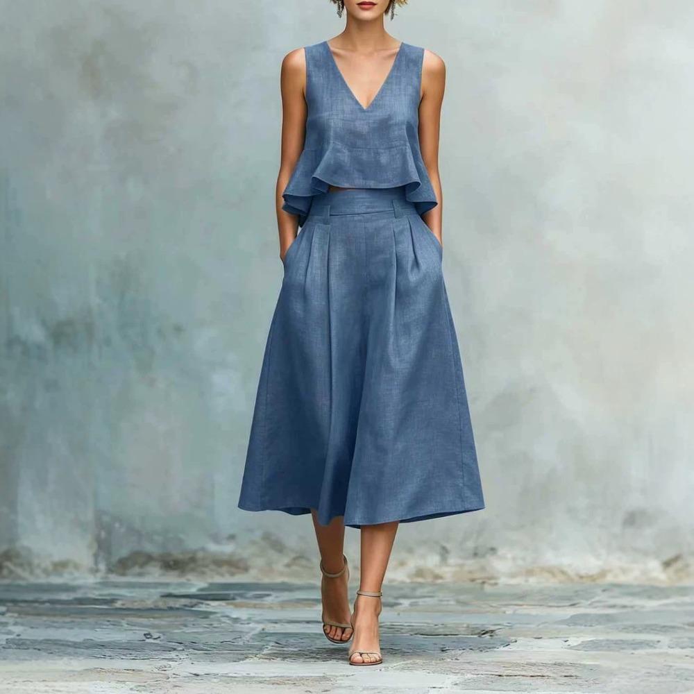 Women's V Neck Sleeveless Linen Two-Piece Set High Waist Pleated Skirt Suit Elegant