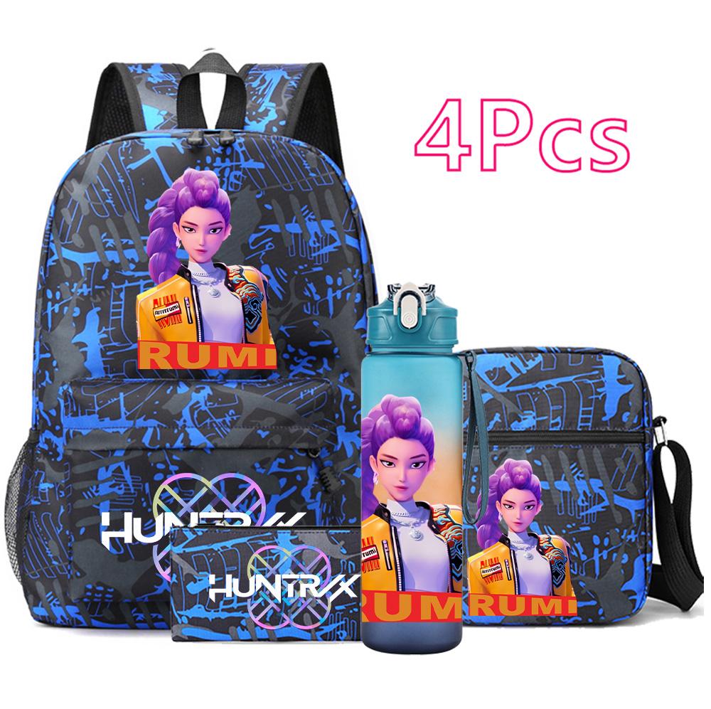 4Pcs/set Anime Demon Hunters Printed Backpack Bookbag Shoulder Bag Case Bag with 750Ml Water Bottler for Boy Girl Large Capacity Schoolbag