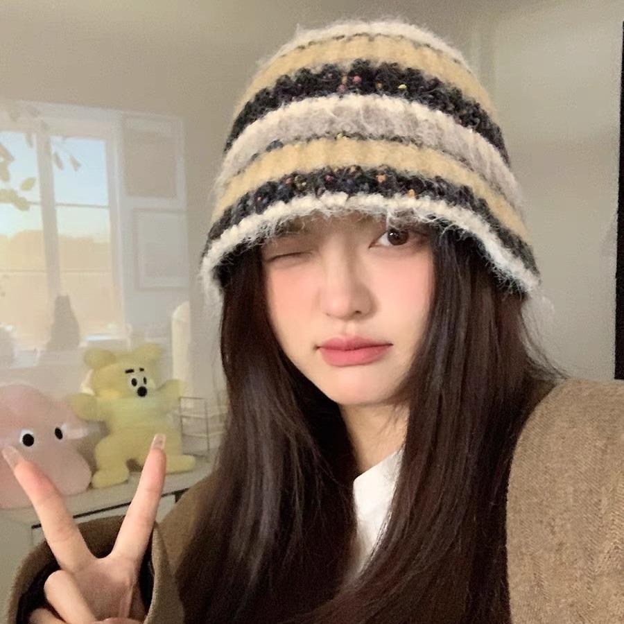 Autumn And Winter Color Matching Striped Handmade Knitted Hat Female Korean Version Showing Face Small Ear Protection Bucket Hat Versatile Warm