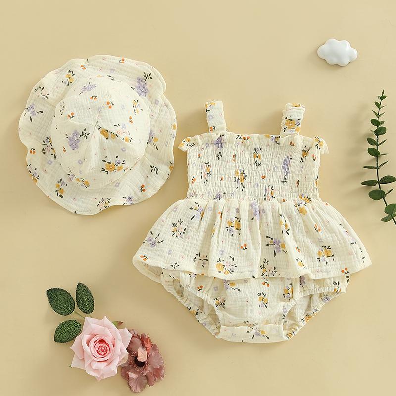 

Summer Newborn Baby Clothes Infant Baby Girls Sleeveless Ruffle Floral Print Jumpsuit Playsuit with Sun Hat 66