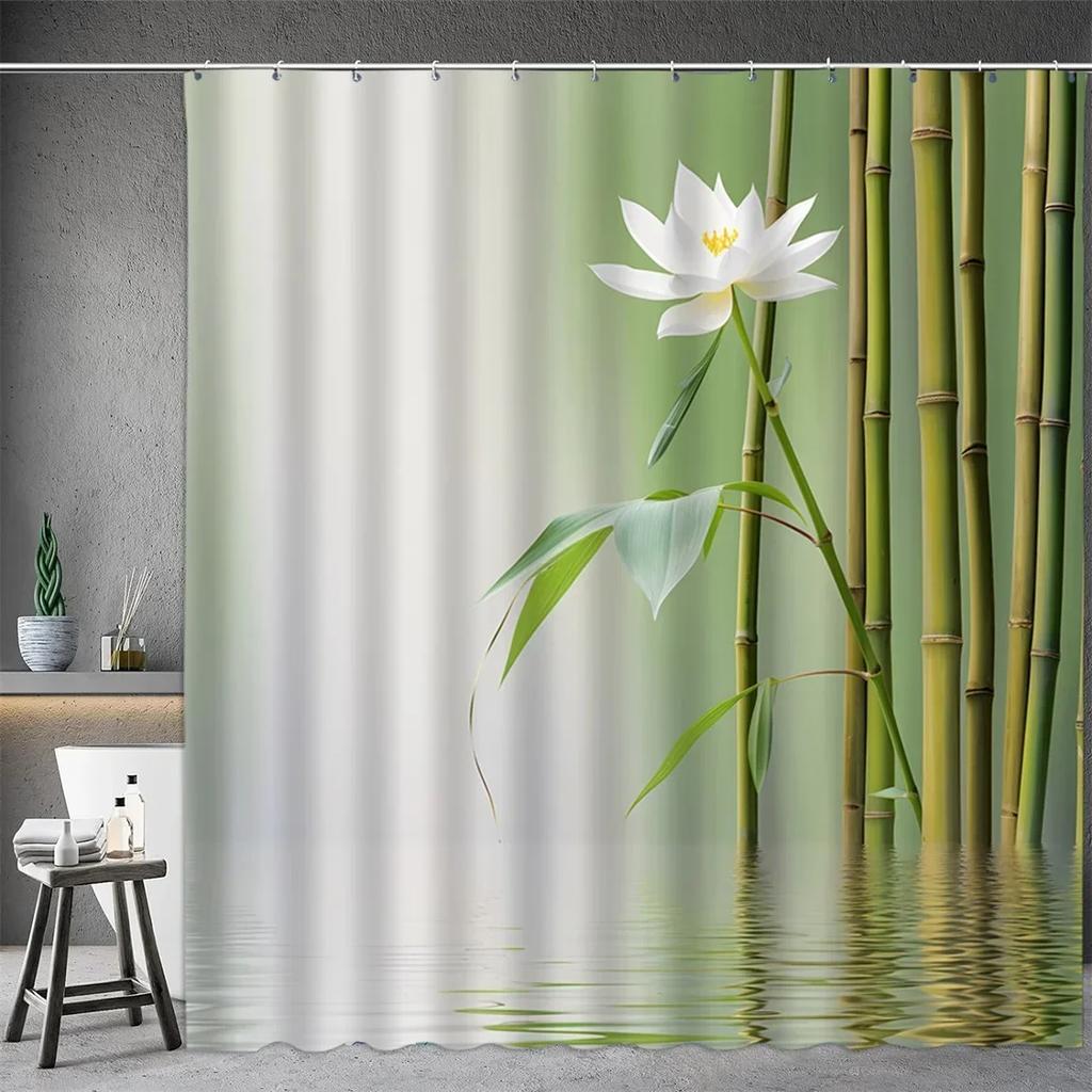 Black Stone Tower Zen Shower Curtain, Spa Decor Lotus Purple Orchid Flower and Bamboo, Cloth Fabric Bathroom Decor Accessory Set