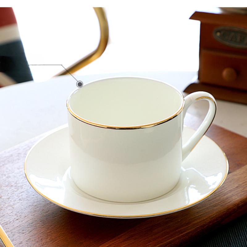 White Bone China Coffee Cup and Saucer, Lightweight Porcelain Espresso Cups with Gold Trim,Ceramic Tea Cup Coffee Mug,1 Set