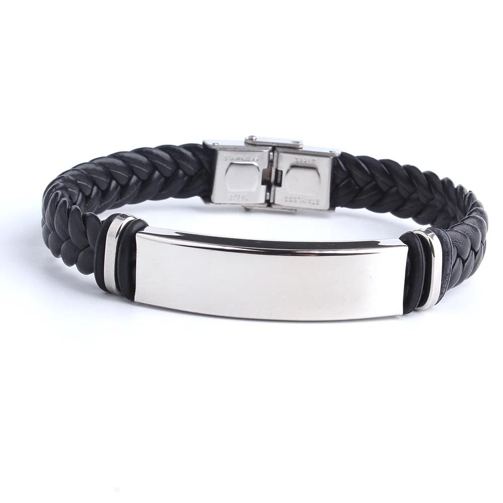 Punk SOS Custom Engrave Text Leather Bangle & Bracelet Stainless Steel Bracelets For Women Men ID Bracelet