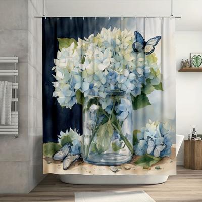 1pc White Hydrangeas Jar Print Shower Curtain, Durable Polyester, Easy Clean, for Bathroom Decor