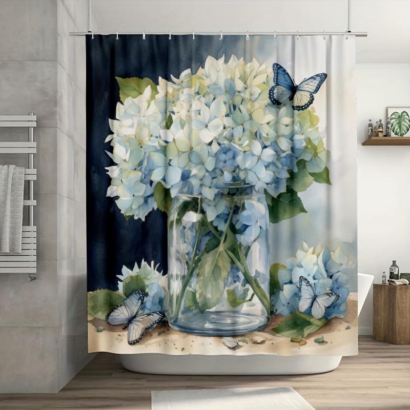 1pc White Hydrangeas Jar Print Shower Curtain, Durable Polyester, Easy Clean, for Bathroom Decor
