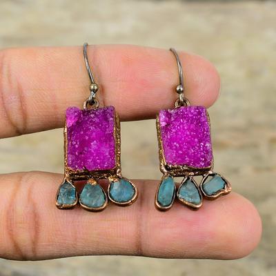 Pink Druzy Earring Electroformed Copper Earrings Neon Apatite Rough Earring Electroformed Gemstone Jewelry Handmade Earrings Engagement Gift