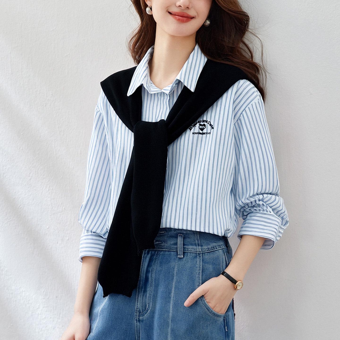 Blue Striped Women s Long-Sleeve Shirt with Knitted Shawl - New Stylish Spring 2026 Collection. One size