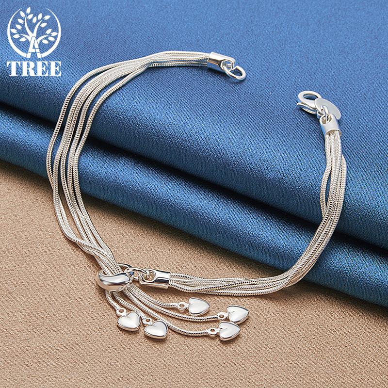 925 Sterling Silber Fünf solide Liebesherz Schlangenkette Armband Schmuck