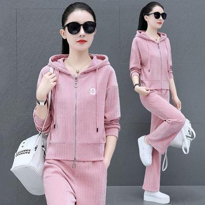Velvet Soft Casual Sportswear Set for Women - Fall/Winter Fashion Hoodie Jacket with Wide Leg Pants Set