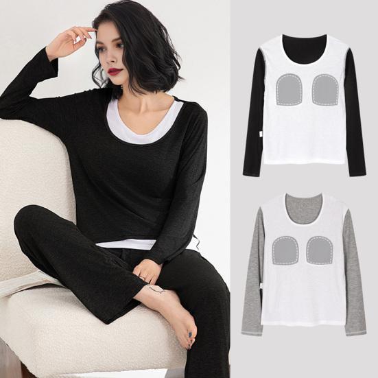 Two Piece Modal Pajamas Set for Women Long Sleeve Top And Pants Sleepwear with Built-in Bra Casual Loungewear Pjs Set