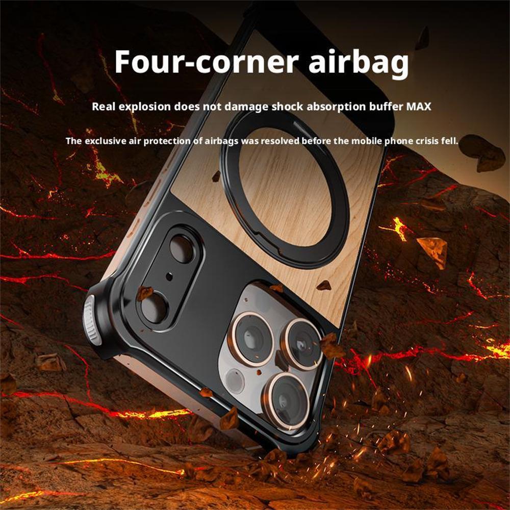 Dla iPhone 15 Pro Max Magnetyczne etui Bezramkowe Orzech+Metalowa podpórka Pokrowiec na telefon