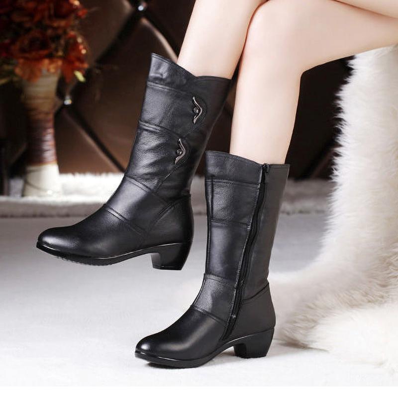 Middle Boots Winter Women's Korean Style Low Heel Solid Color Fleece Warm Plus Size Outdoor Anti Skid Boots