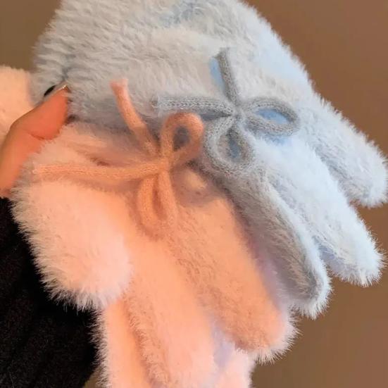 Women Fuzzy Thermal Gloves Fluffy Winter Thick Full Finger Gloves with Bows Solid Color Cute Warm Plush Gloves for Girls Cycling Daily Errands