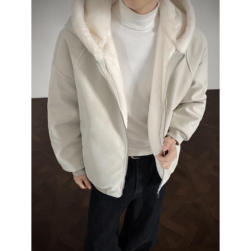 Men's Winter Lychee Pattern PU Leather Jacket with Hood and Fur Collar
