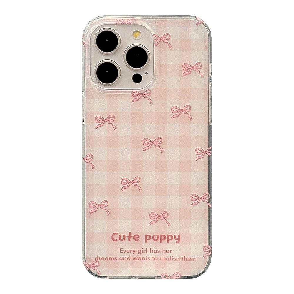 Double Layer Pink Plaid Mobile Phone Case Suitable for 14 Apple 15 Promax Bow Iphone13 Niche 11 Soft 16