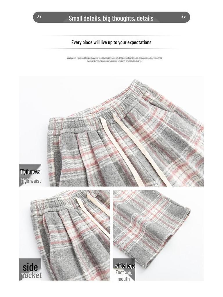 Women's High-End Retro Plaid Velvet Pants: Loose, Slimming Straight-Leg, Casual Wide-Leg Long Pants