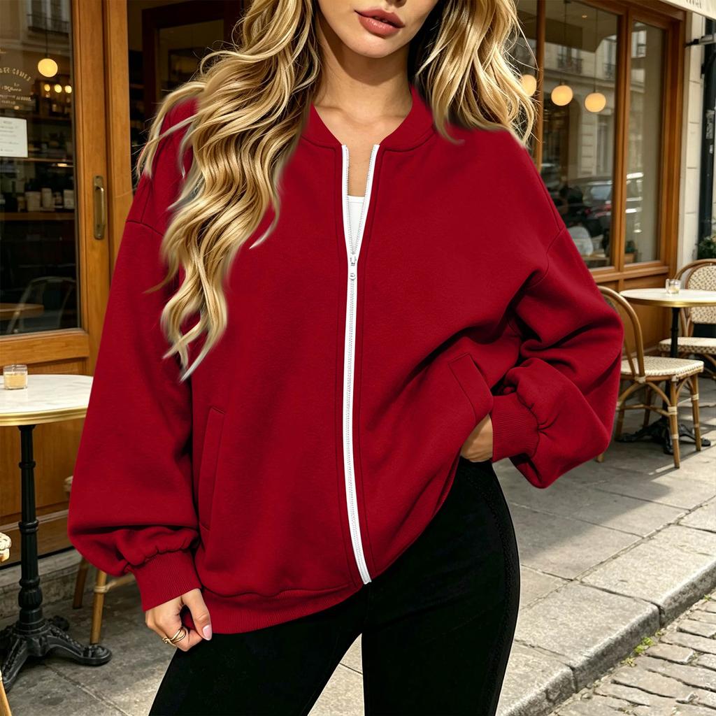 Women's Long Sleeve V-Neck Zip-Up Jacket, Casual Color Loose Fit Outerwear