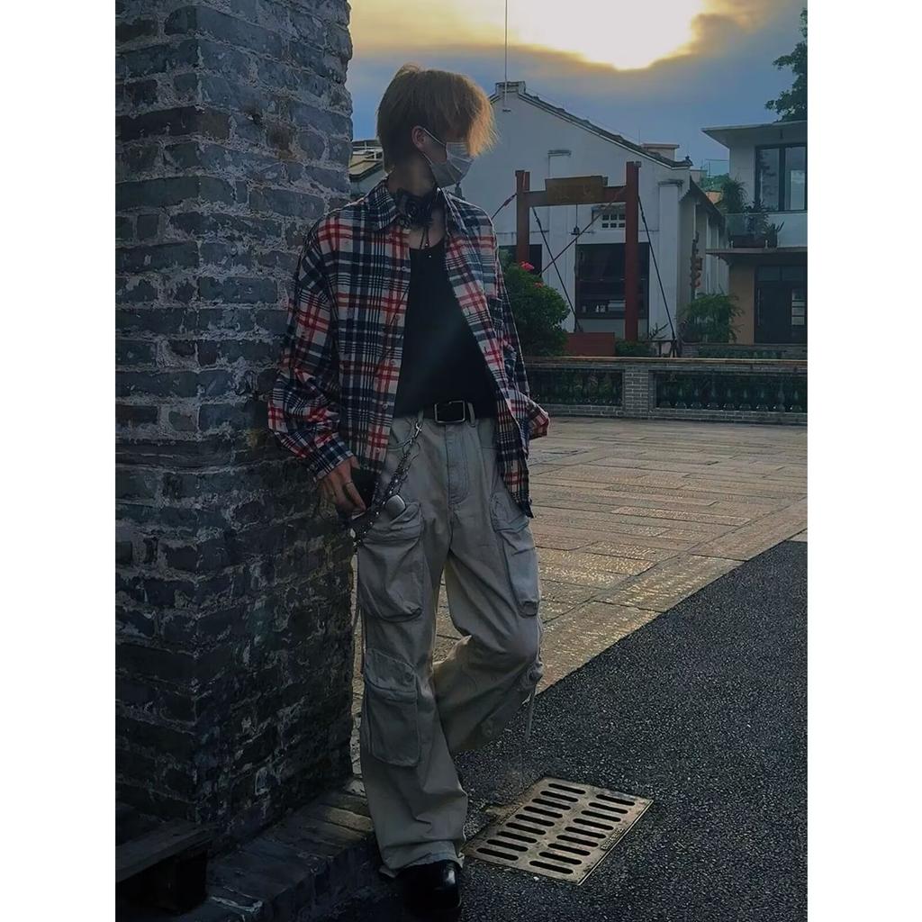 2024 Plaid Long Sleeve Shirt Japanese Hong Kong Style Ins Loose Shirt Boys Summer Trendy Versatile Casual Coat