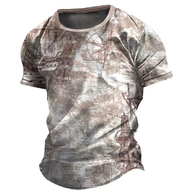 Summer Round Neck Vintage Compass Pattern 3D Print Top Fashionable Casual Short Sleeved Men's T-shirts