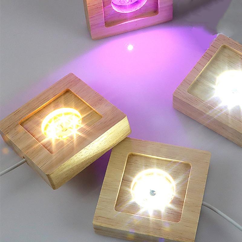 Square Wooden Base Led Lamp Display Stand Holder USB Powered for Crystal Glass Resin Objects