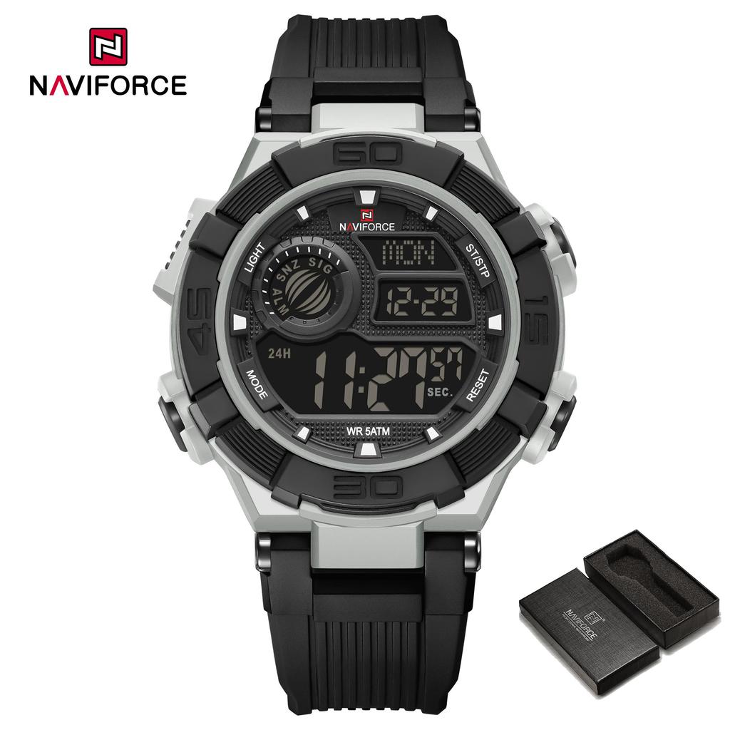 Naviforce Men LCD Watch Ditital Movement Lightweight Silicone Strap 50m Waterproof Calendar Date Alarm Night Pattern Boy Gift Watch NF7131