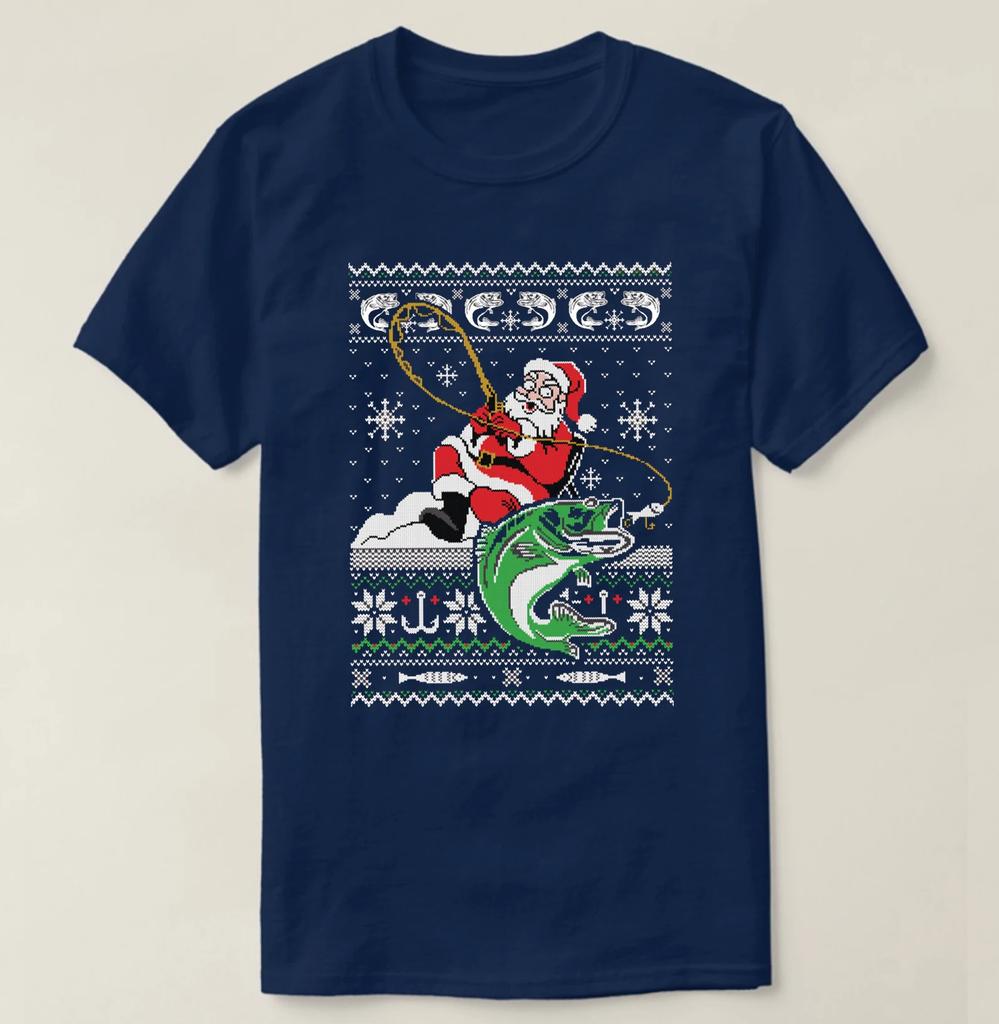 Funny Santa Fishing Ugly Christmas Sweater Fisherman Xmas Gift TShirt 100 Cotton ONeck Short Sleeve Casual Mens Tshirt