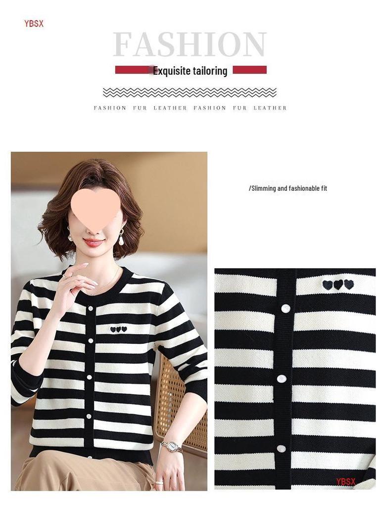Mom's 2025 Autumn Striped Long-Sleeve Knit Sweater for Middle-Aged & Elderly Women