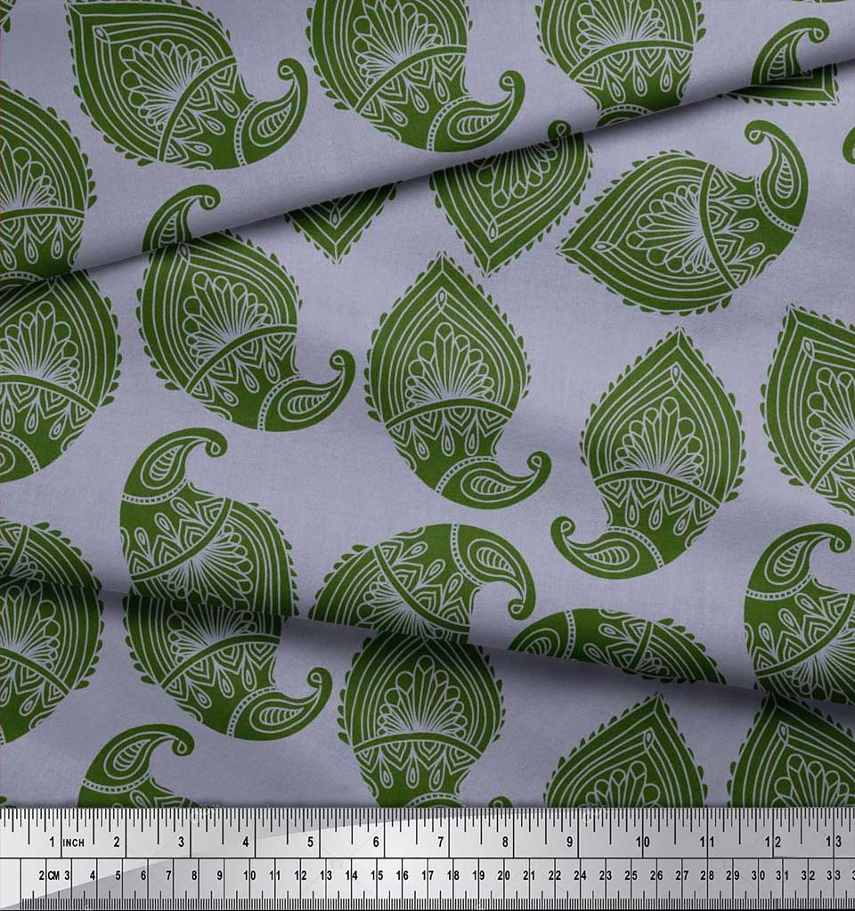 Soimoi Blue Japan Crepe Satin Fabric Green Paisley Printed Craft Fabric by the metre 42 Inch