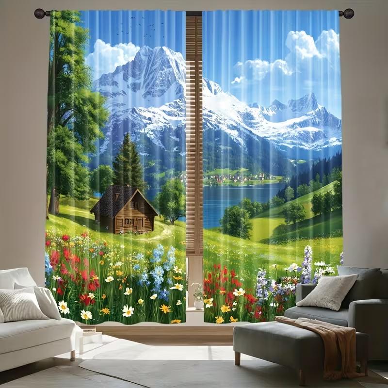 2pcs -Swiss snow-capped mountains print curtains, pole bag curtains, home decoration, room decoration
