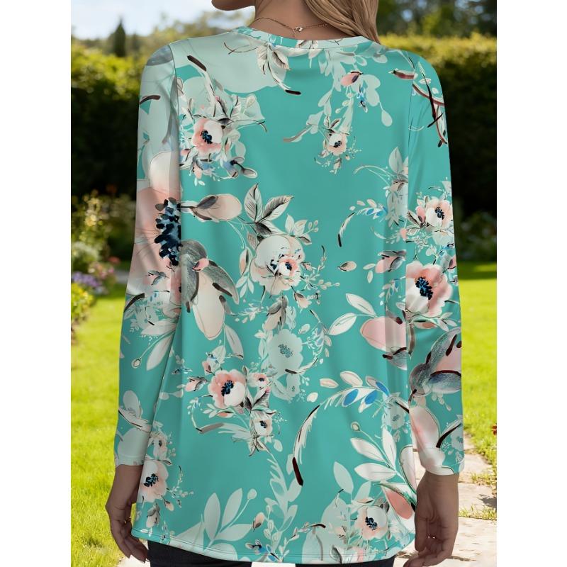 Women's plus size spring floral loose long-sleeved top with pockets