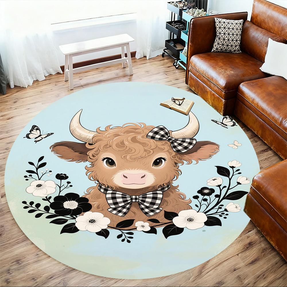 1PC Cow Bowtie Flowers Round Chair Mat Area Rug - Non-Slip, Floor Mat for Office, Bedroom, Home Decor Christmas Gift C0528087