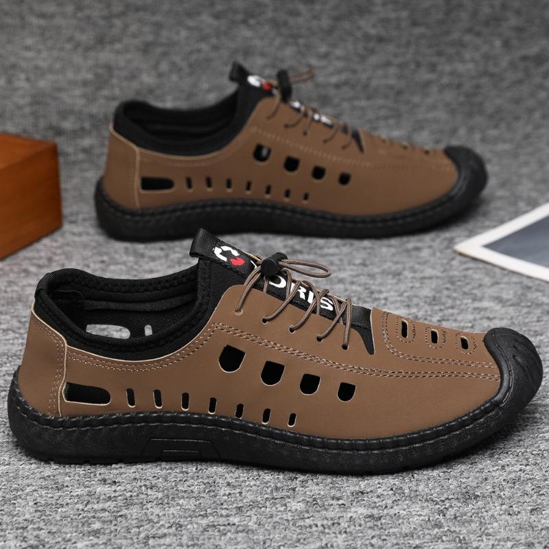 Hollow Leather Shoes Summer Men's Sandals Soft Leather Breathable Hollow Hole Shoes Beef Tendon Soft Sole Sandals Casual Beach Men's Shoes