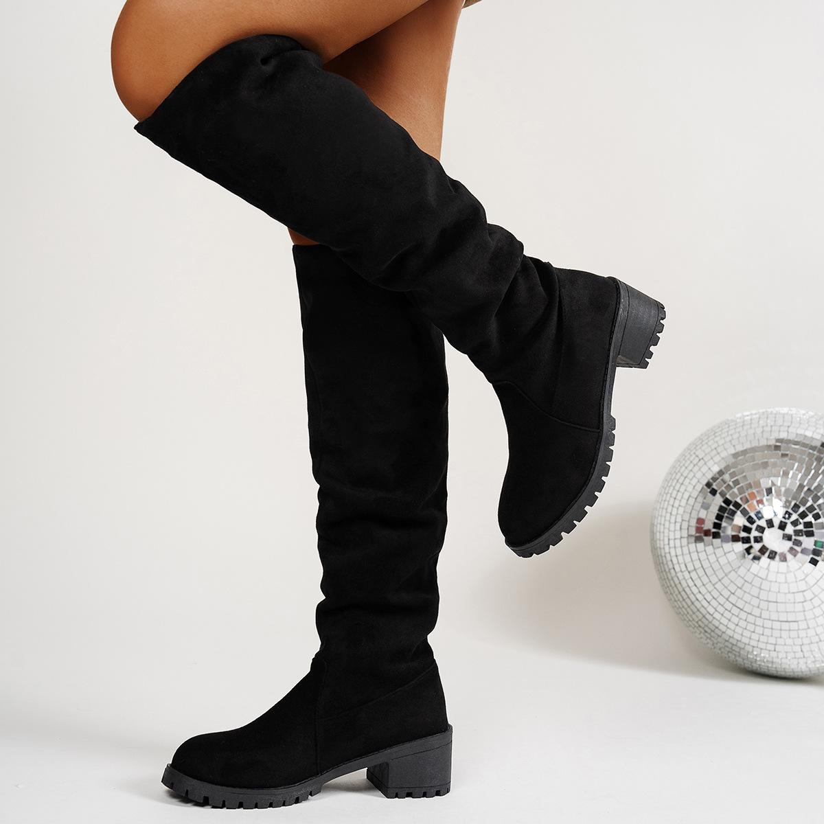 

Foreign trade large size thick heel non-slip women s cloth boots outer wear round head knitted warm small height increase knee boots women 36 чёрный