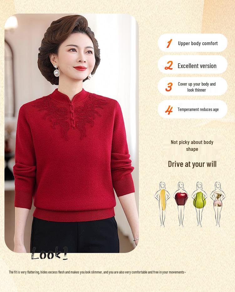 Mom's 2025 Autumn Chinese Style Sweater for Middle-Aged Women, Warm Velvet Knit, Age-Reducing for Winter/Autumn