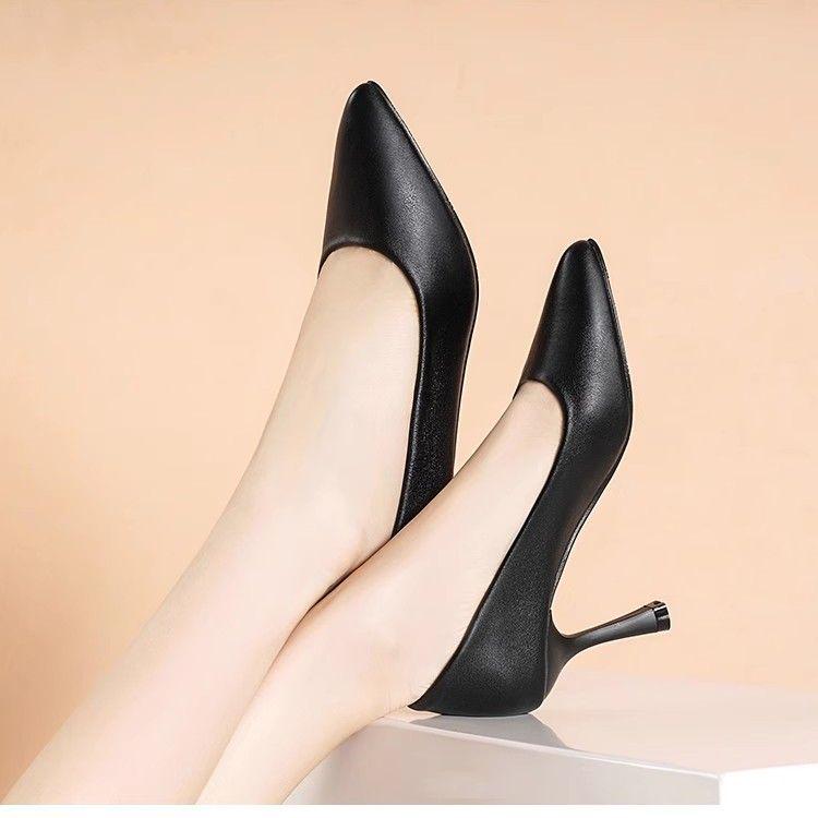 Comfortable Four-Season Leather Stiletto and Block Heel Stewardess Work Shoes for Women