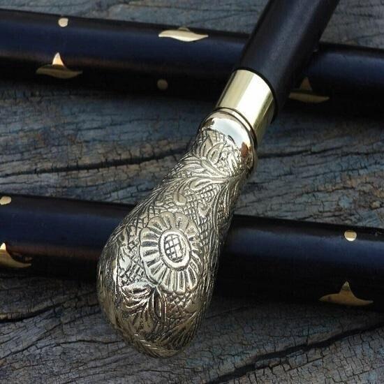 Antique Style Victorian Vintage Designer Brass Handle Cane Wooden Walking Stick