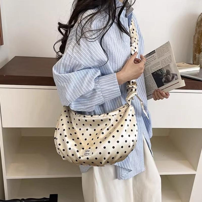 Polka Dot Satin Cloud Hobo Bag With Ruched Strap Shiny Glossy Finish Sweet Cute Style Women Date Trendy Shoulder Crossbody Bag